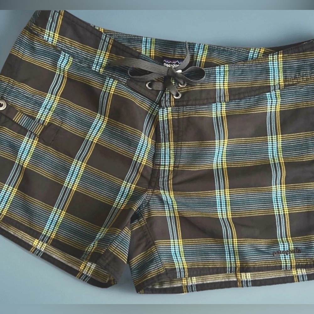 Patagonia Women’s Teens Brown Blue Yellow Plaid Board Shorts 10